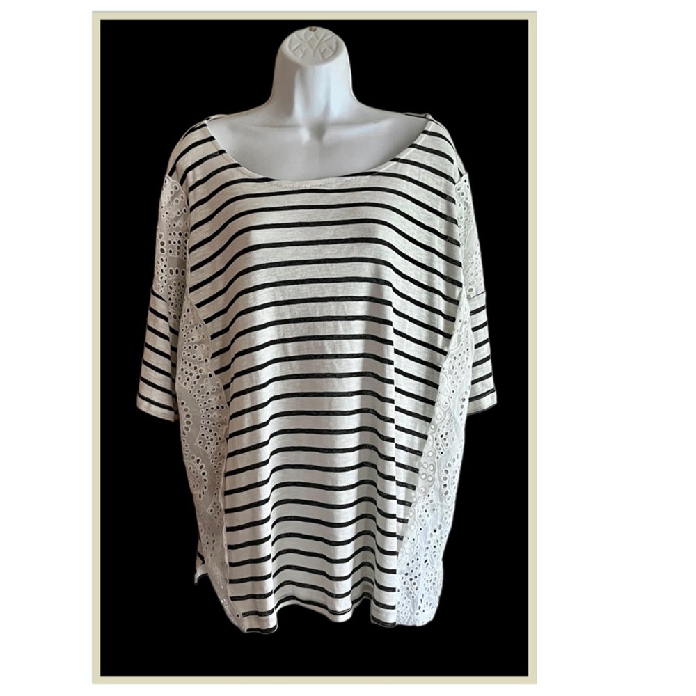 Suzanne Betro Signature Tunic Top Black Stripe with Eyelet Trim 2X
